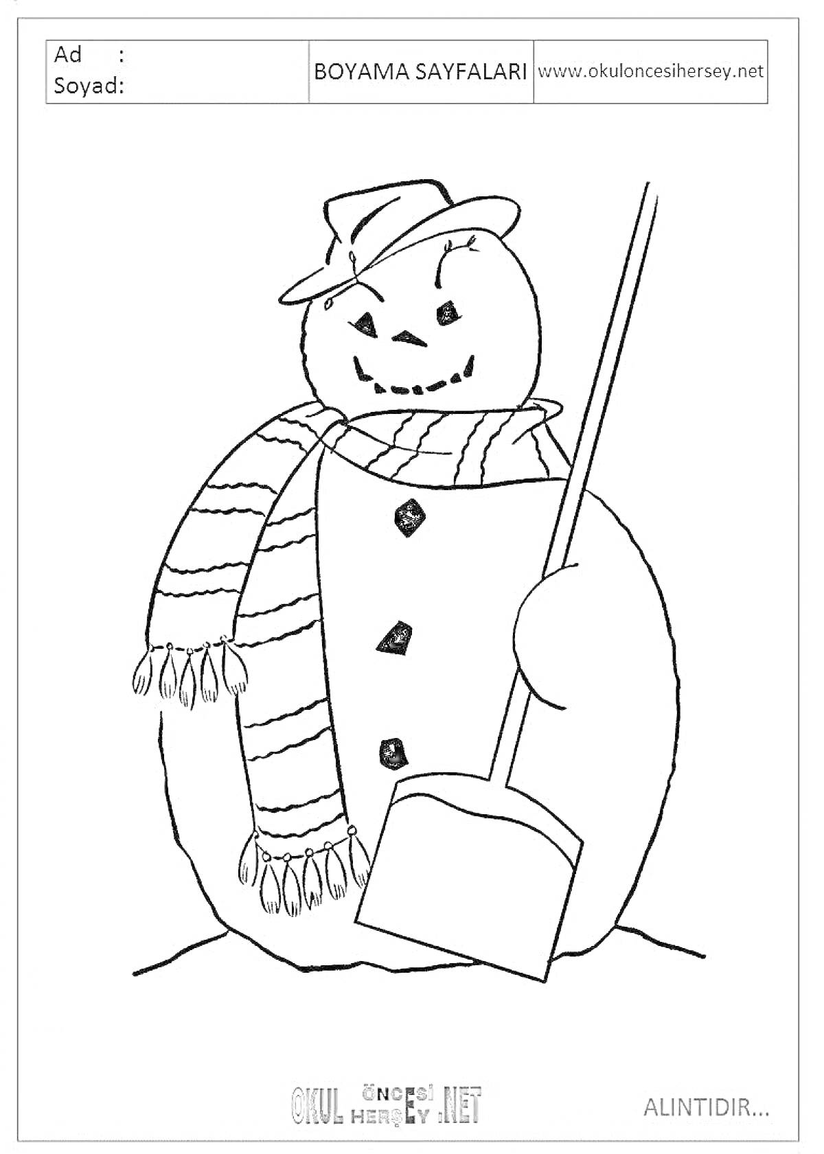 Раскраска Снежная баба в шляпе и шарфе, держащая лопату