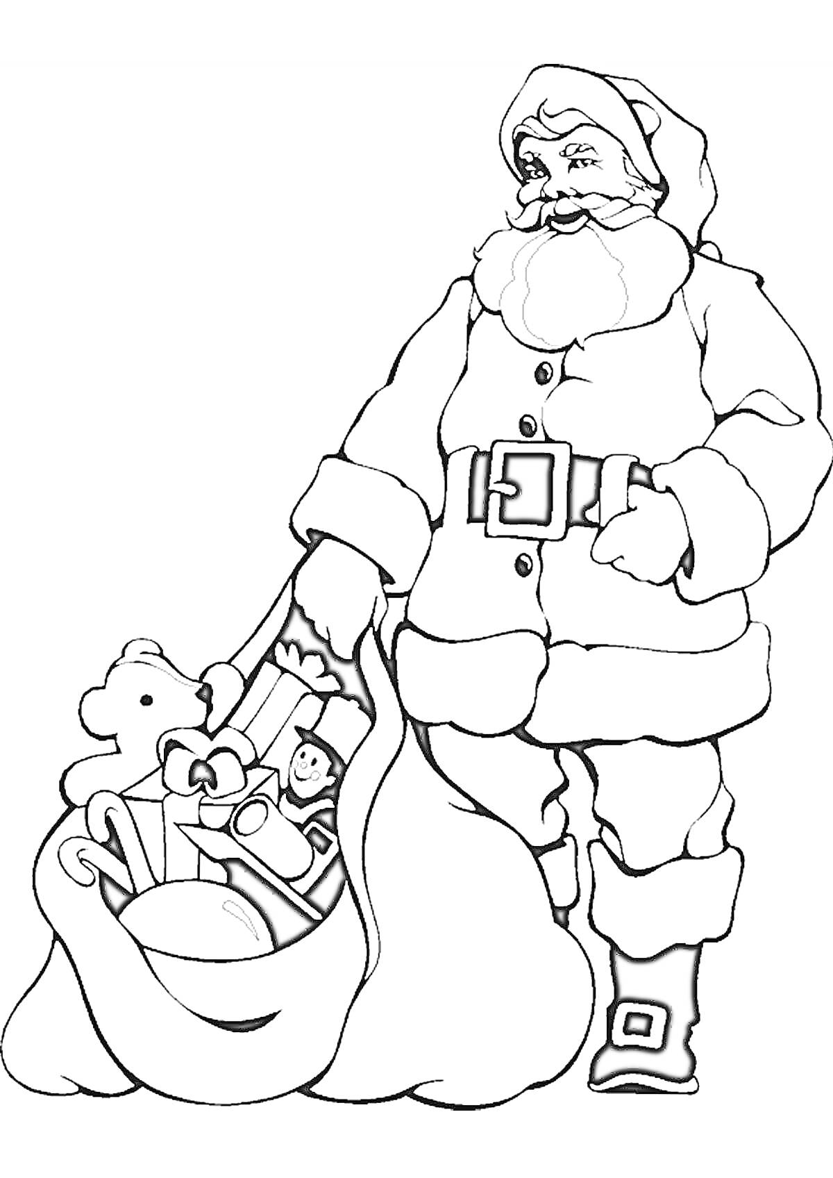 На раскраске изображено: Санта Клаус, Рождество, Подарки, Снег, Зима, Медведь, Мешок с подарками