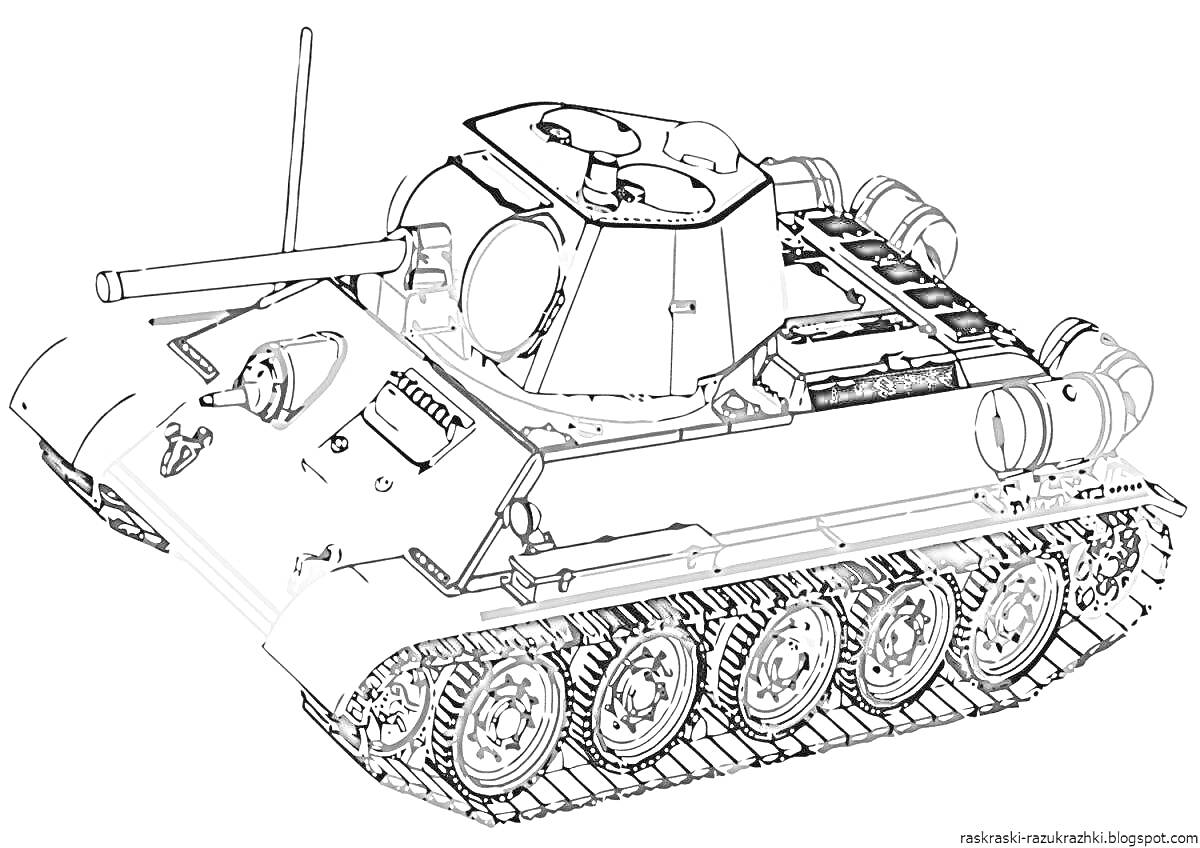 На раскраске изображено: Танк, Т-34, Пушка, Катки, Гусеницы, Корпус, Военная техника