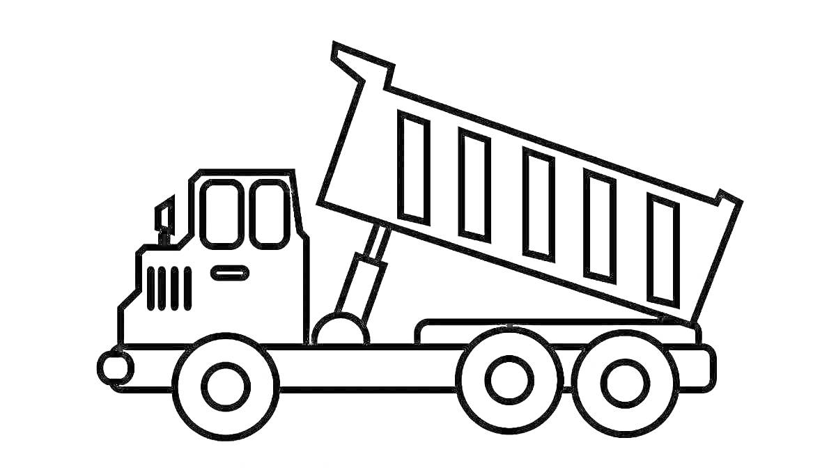 На раскраске изображено: Самосвал, Стройтехника, Кузов, Грузовая машина, Транспорт