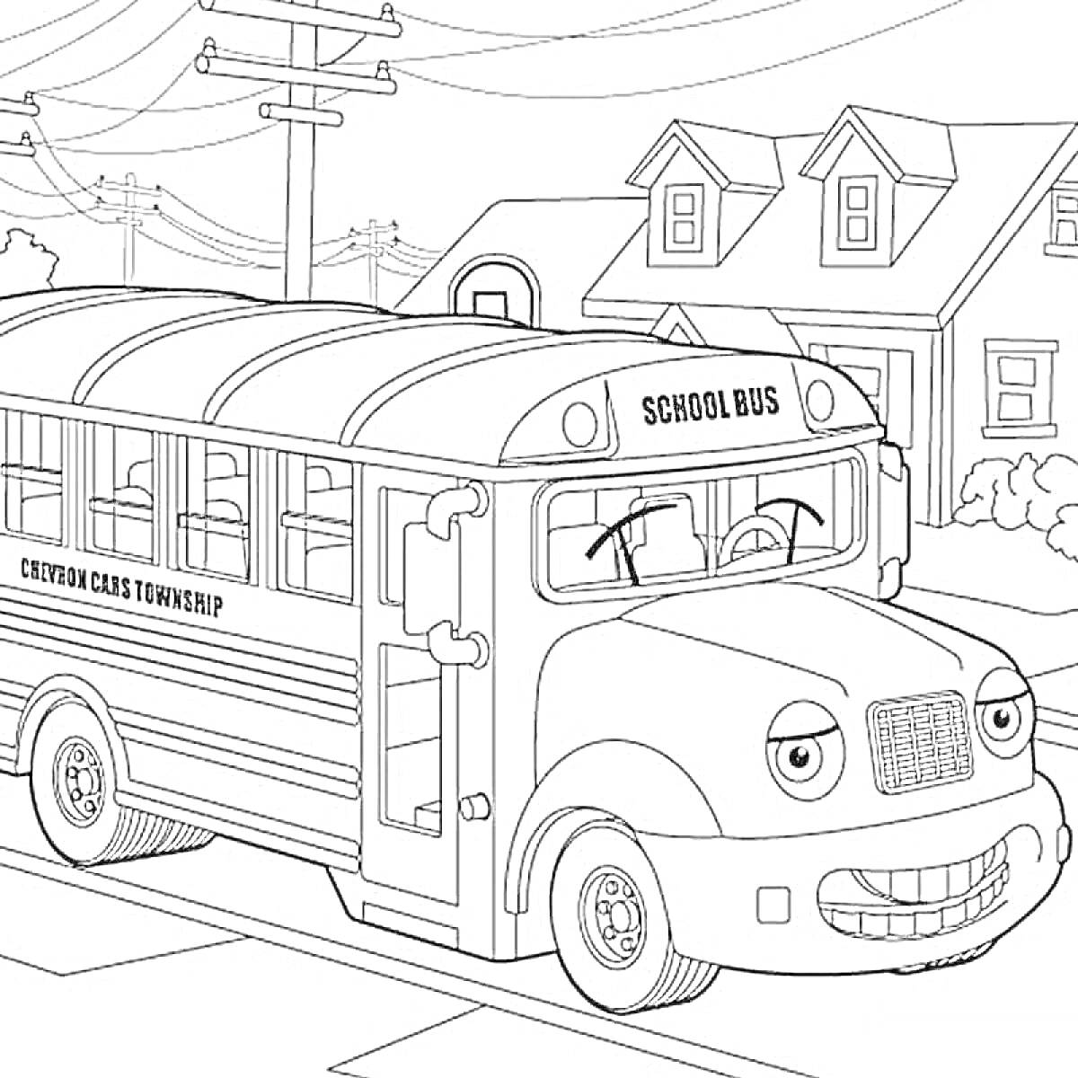 На раскраске изображено: Школьный автобус, Транспорт, Автобус
