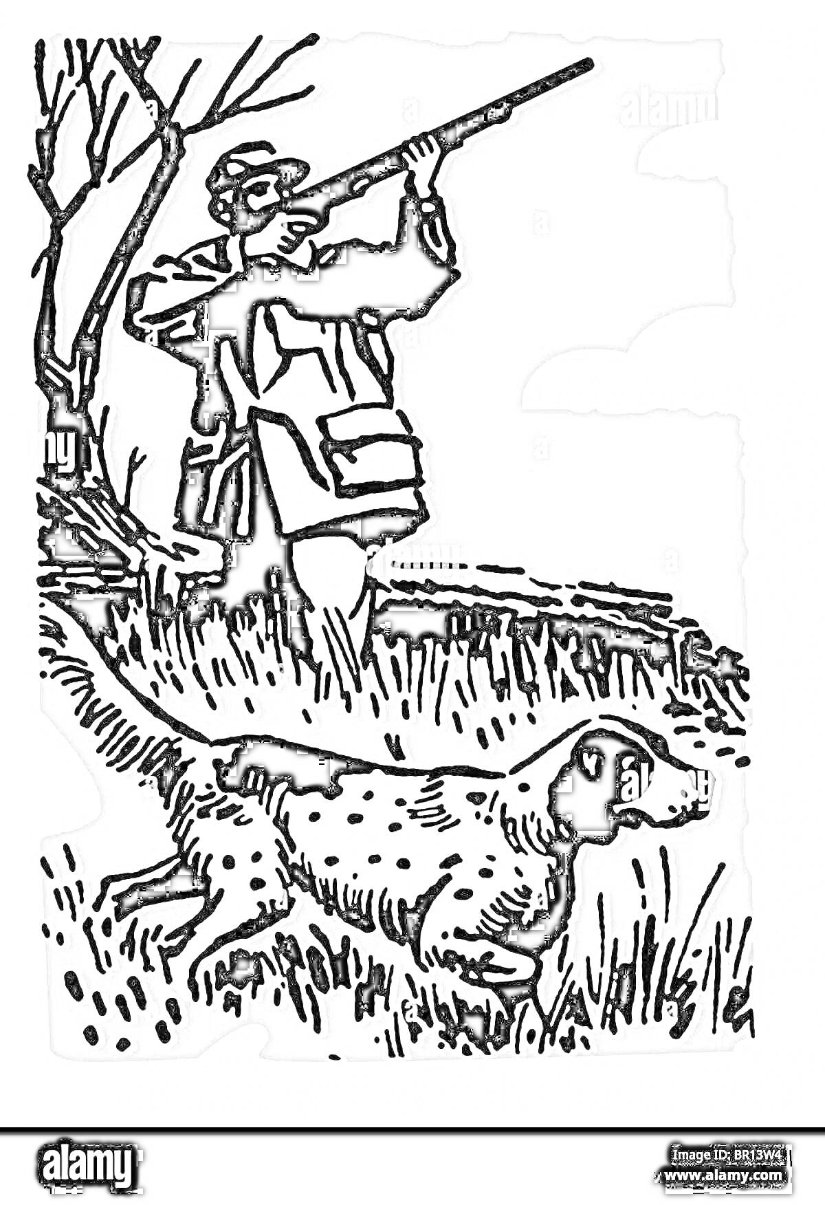 На раскраске изображено: Охотник, Собака, Ружьё, Охота, Поле, Природа, Трава, Человек, Иллюстрация