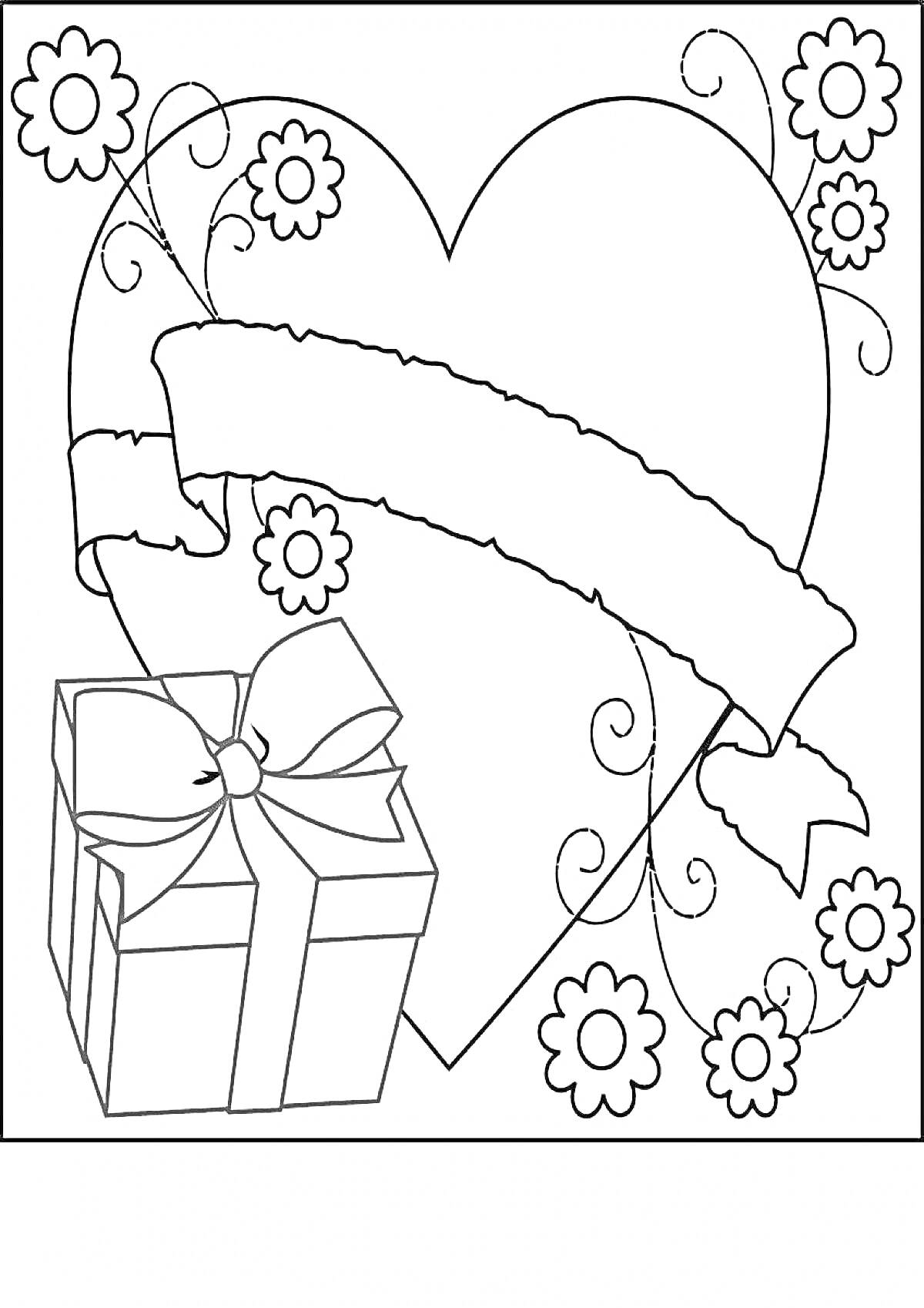 На раскраске изображено: Мама, Цветы, Лента, Подарки, Украшения, Поздравительная открытка, Праздники, Сердца