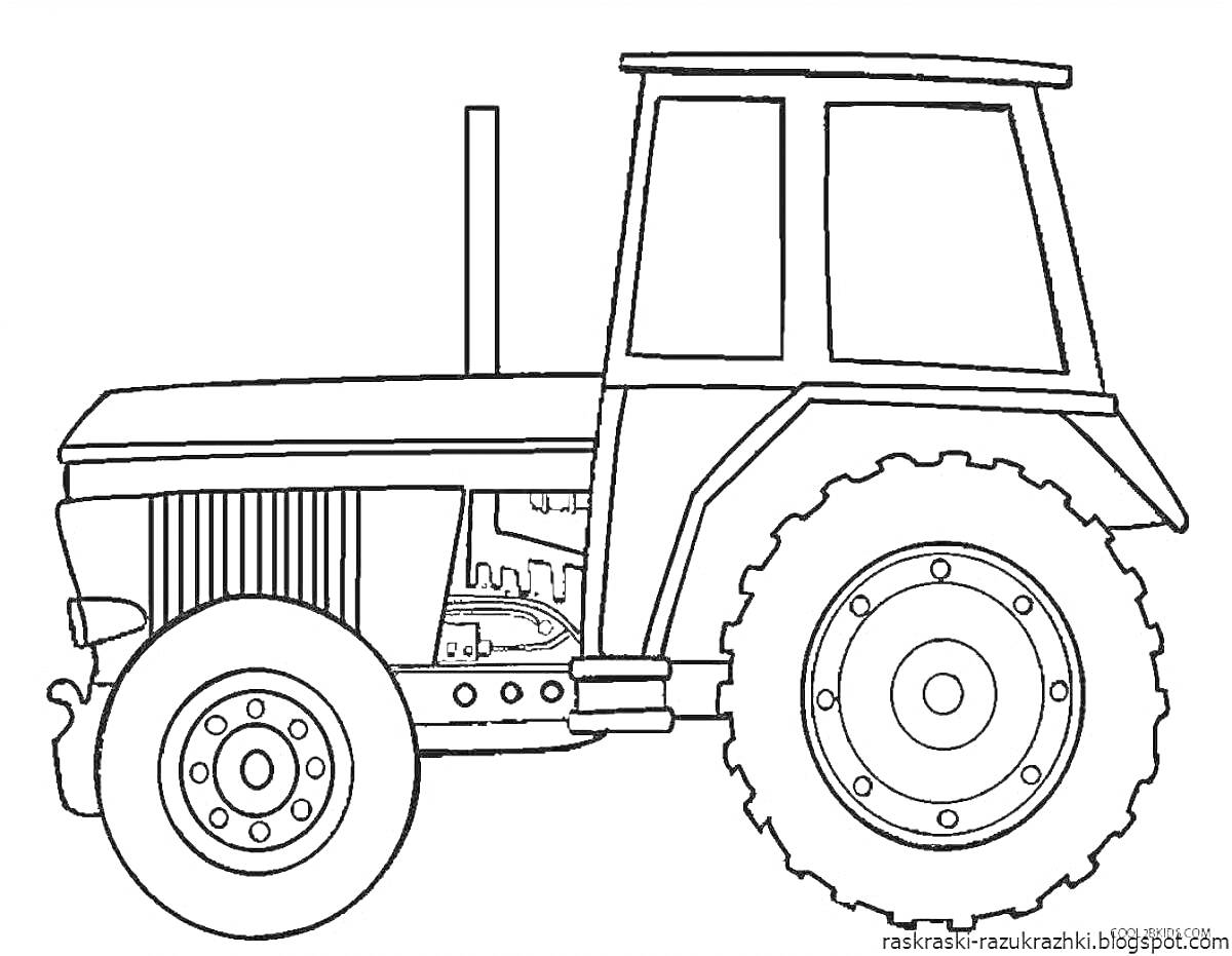 Раскраска Трактор с большими и малыми колесами, крышей и выхлопной трубой