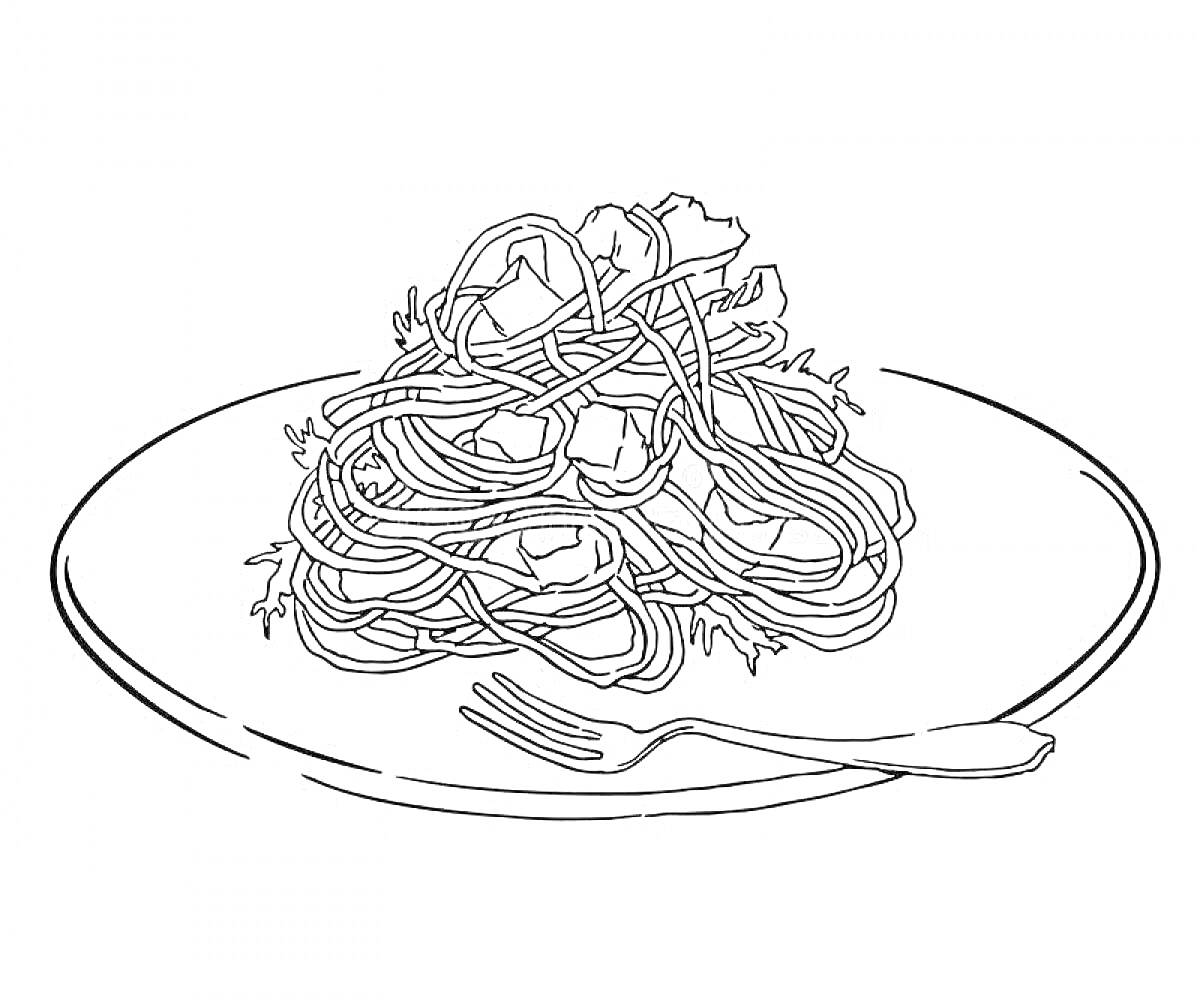 На раскраске изображено: Спагетти, Овощи, Тарелка, Вилка, Еда, Паста, Макароны