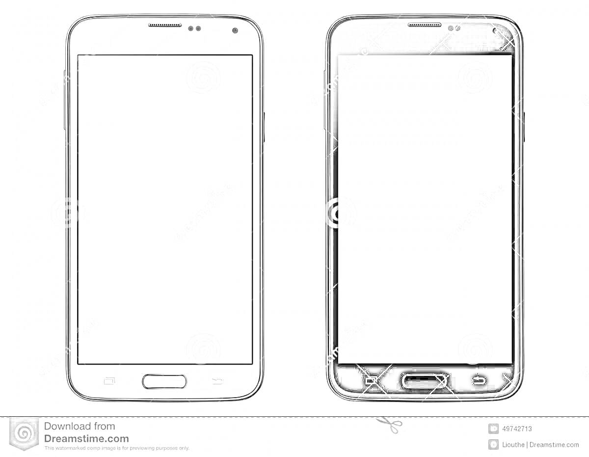 Раскраска Два телефона Samsung, один с белым корпусом и один с черным корпусом, дисплей выключен, центральная кнопка, динамик, фронтальная камера