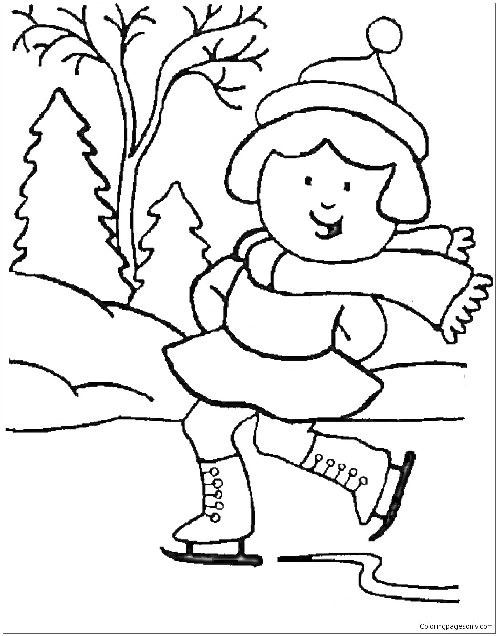 На раскраске изображено: Девочка, Зима, Коньки, Катание, Пруд, Деревья, Снег, Шарф, Шапка
