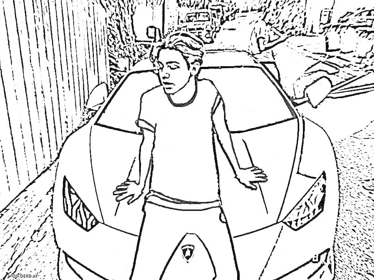 Раскраска Человек, сидящий на капоте спортивного автомобиля на улице