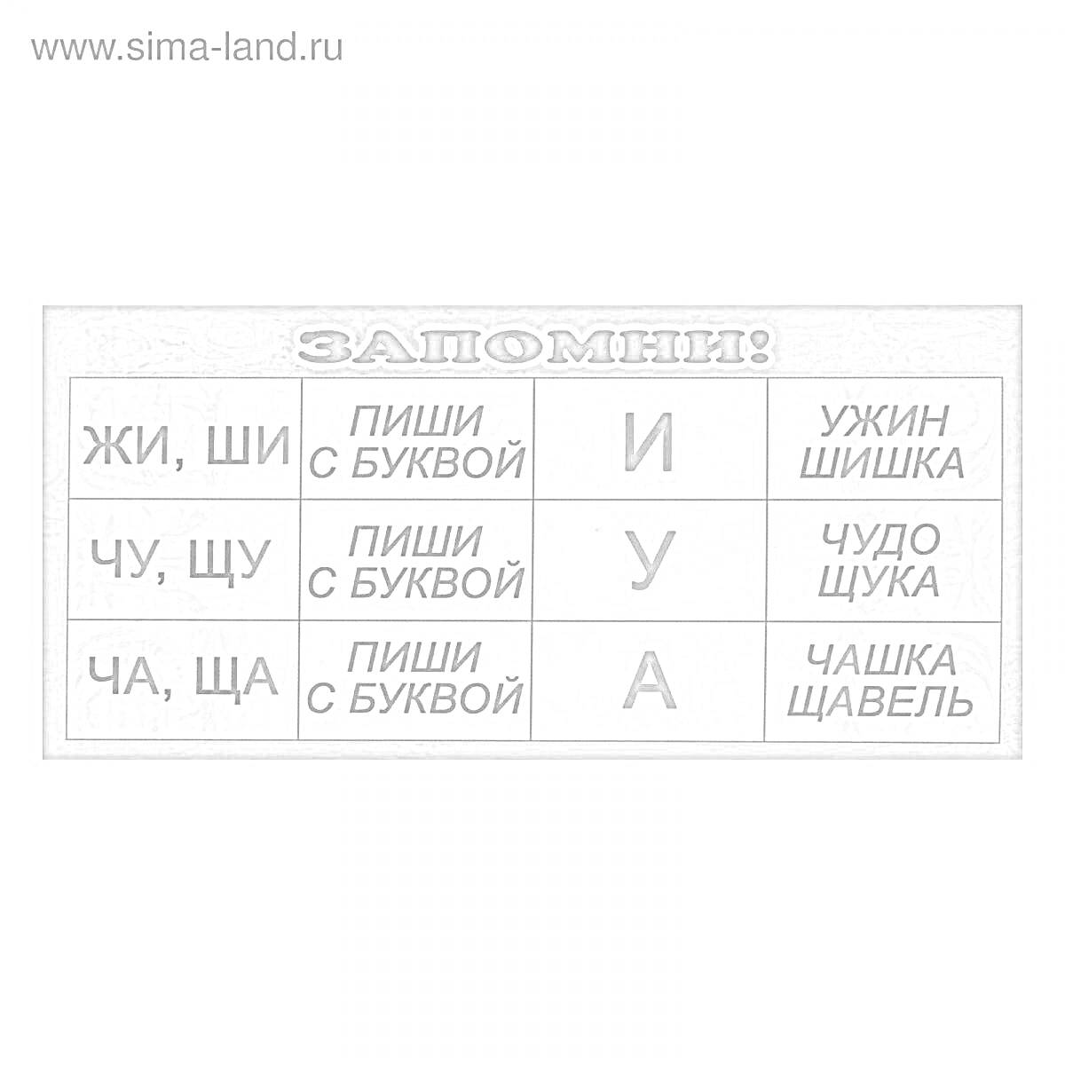 Раскраска Таблица правописания сочетаний ЖИ/ШИ, ЧУ/ЩУ, ЧА/ЩА