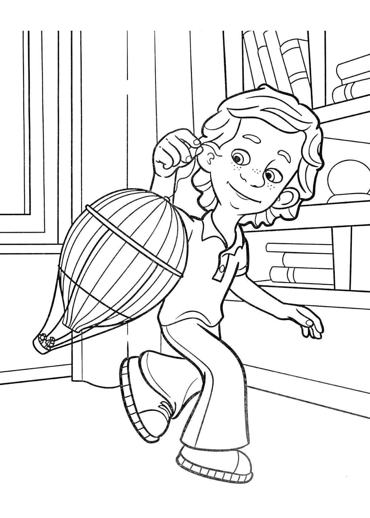 На раскраске изображено: Фиксики, Мальчик, Книжные полки, Окна, Из мультфильмов, Воздушные шары