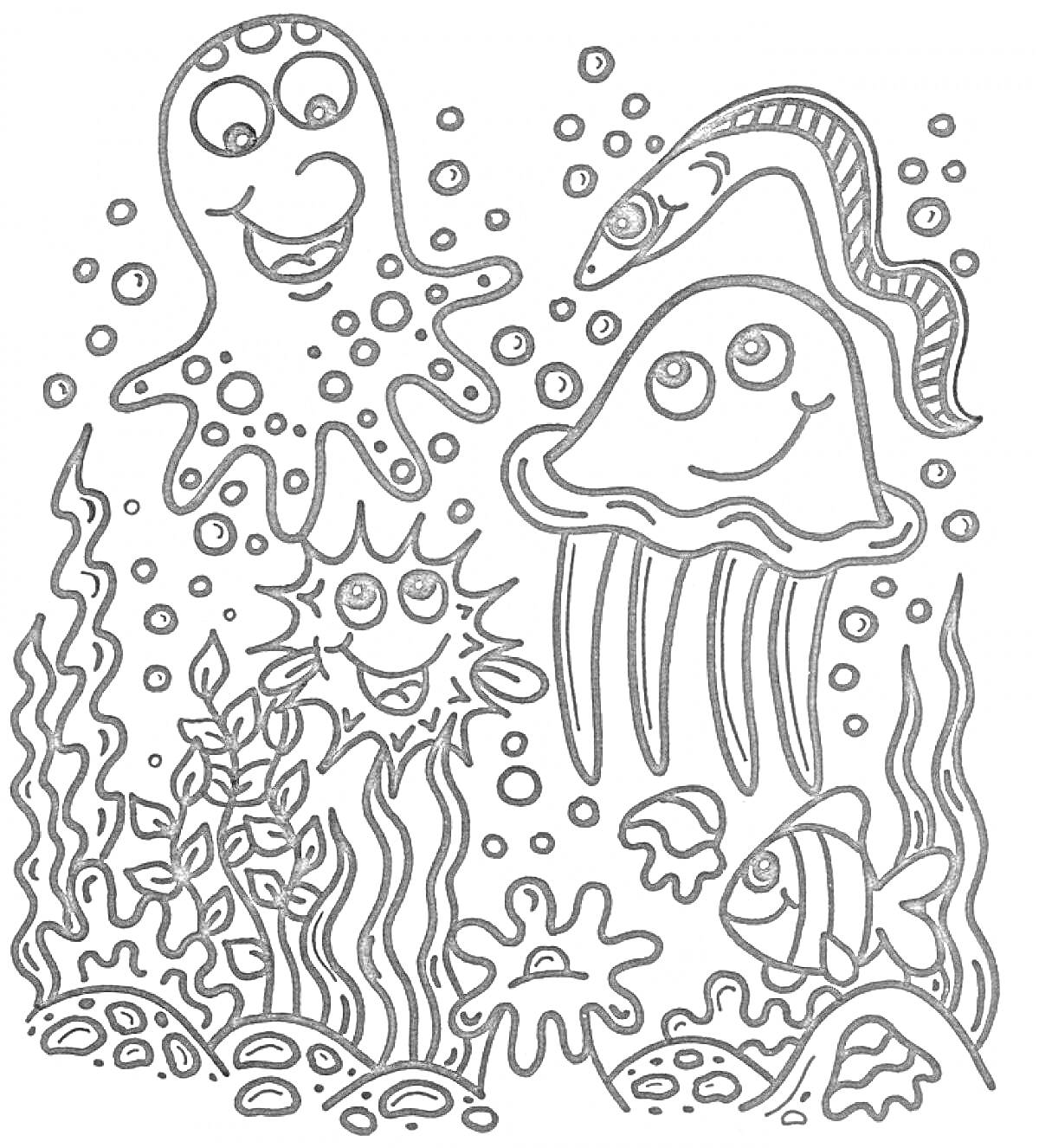 На раскраске изображено: Медуза, Рыба, Кораллы, Водоросли, Подводный мир, Осьминоги, Морские животные