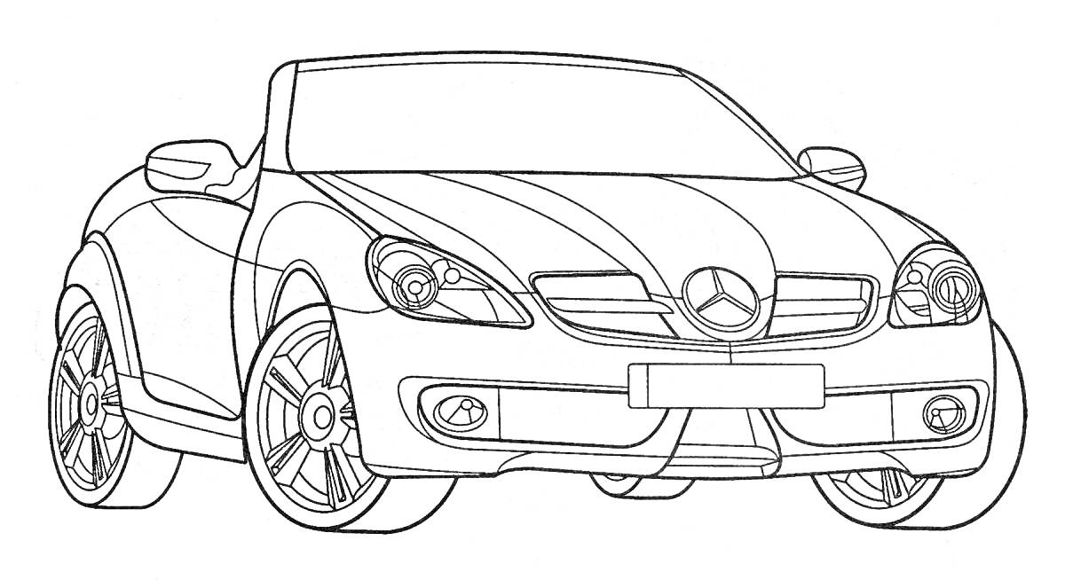 Раскраска Спортивный автомобиль с двумя фарами, решеткой радиатора и эмблемой, низкопрофильными шинами и дисками