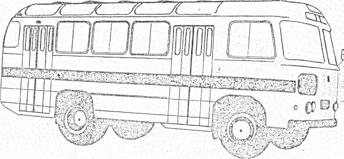 На раскраске изображено: Автобус, Транспорт, Окна, Фары, Колеса, Дверь