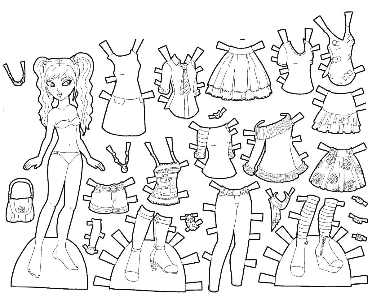 На раскраске изображено: Бумажная кукла, Одевалки, Одежда, Брюки, Платье, Туфли, Босоножки, Сумка, Браслет, Волосы, Модные наряды