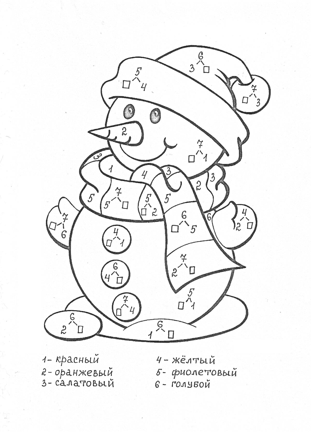 Раскраска Раскраска-снеговик по номерам с шарфом и шапкой