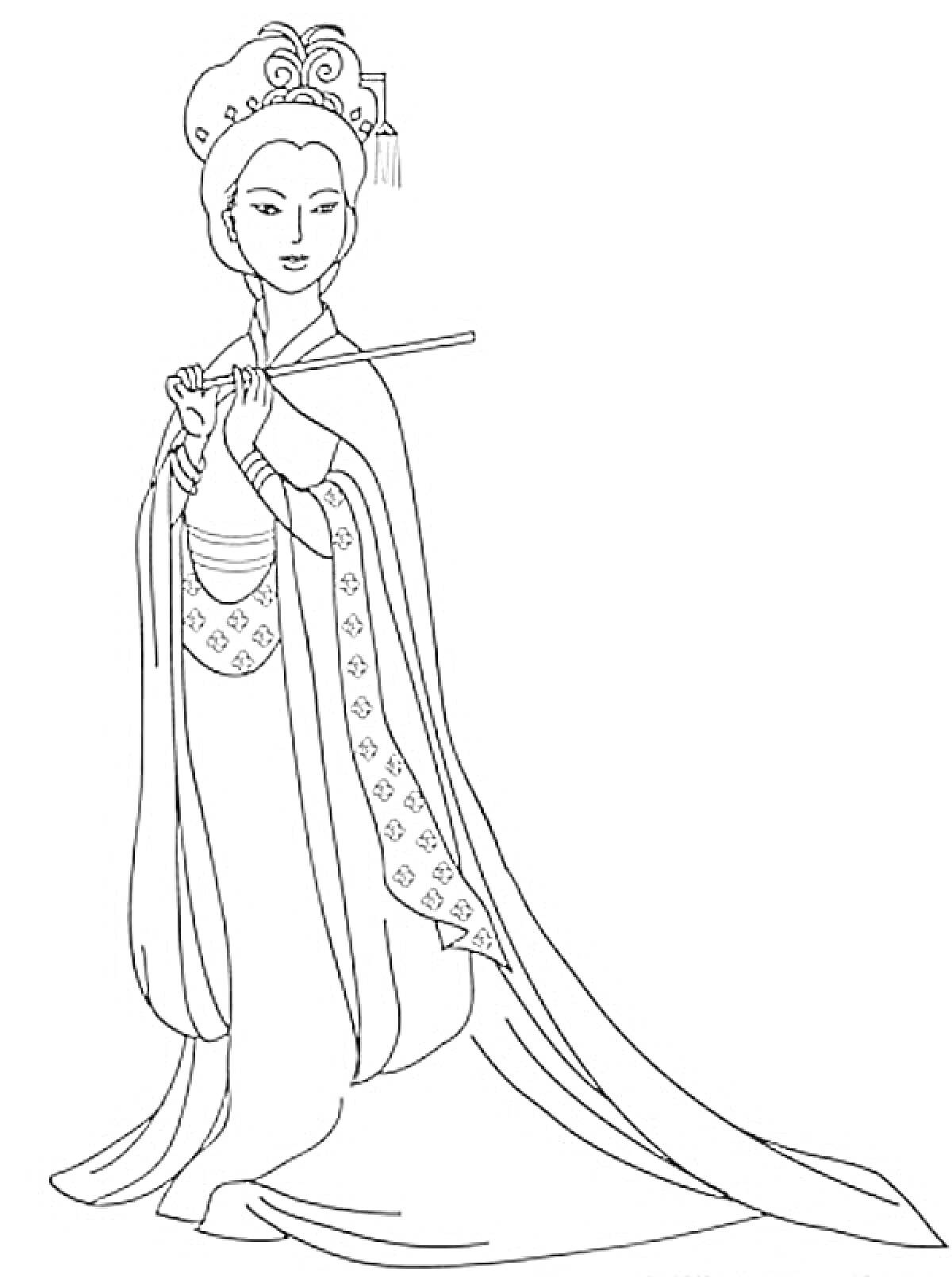 Раскраска Женщина в традиционном восточном костюме с веером