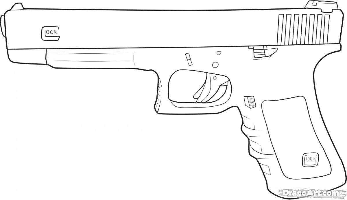 На раскраске изображено: Пистолет, Оружие, Рукоятка, Затвор, Спусковой крючок