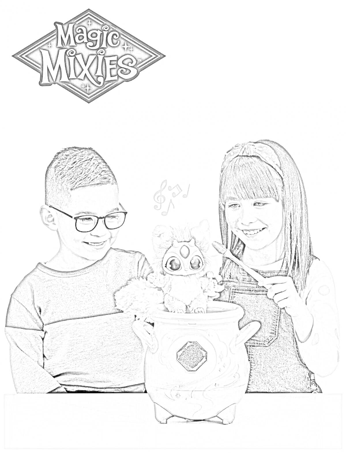 На раскраске изображено: Magic Mixies, Игрушки, Котел, Волшебство, Девочка, Мальчик, Палочка, Музыка