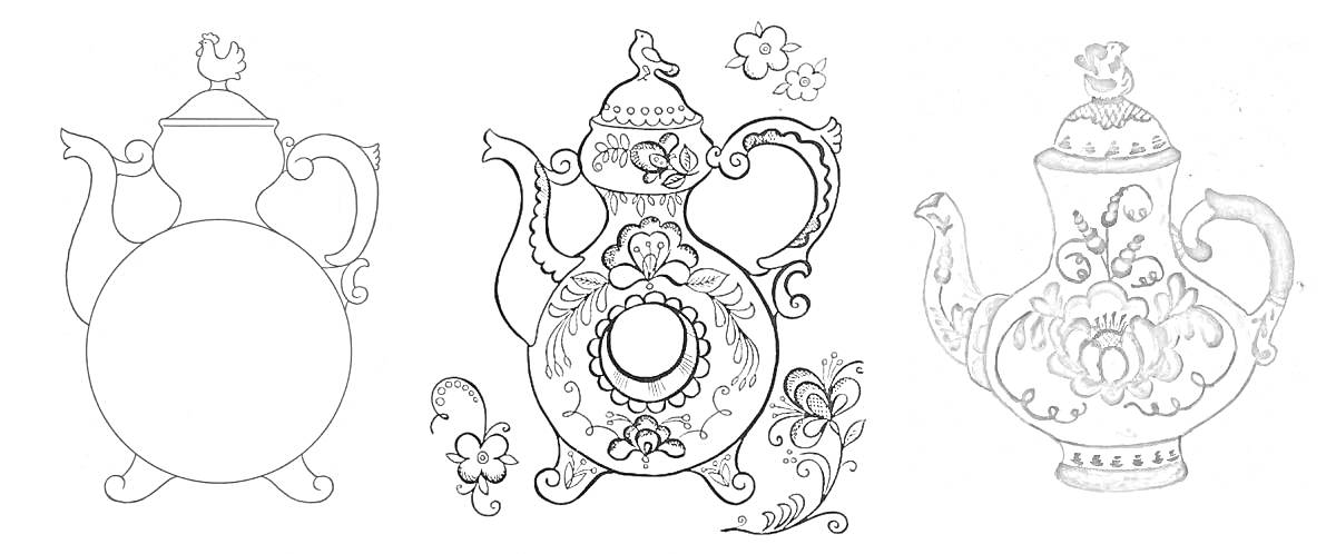 Раскраска Заварочные чайники с цветочной гжельской росписью и узорами
