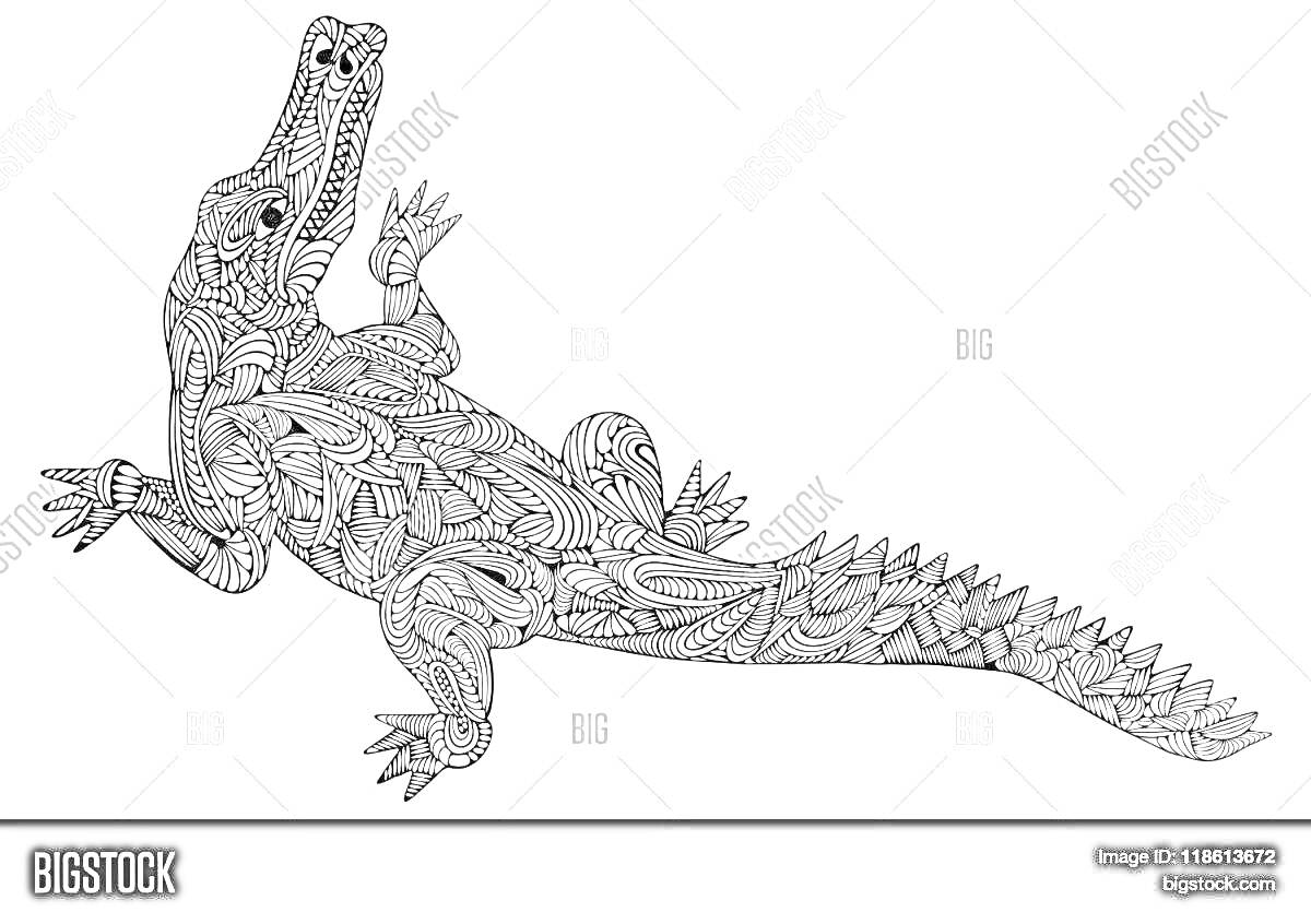 Раскраска Антистресс раскраска - крокодил с узорчатым орнаментом