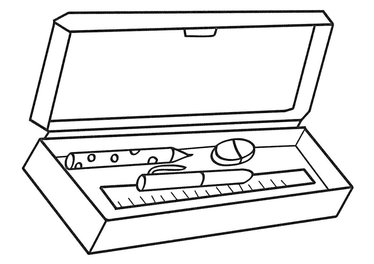 Раскраска Пенал с карандашом, ручкой, ластиком и линейкой