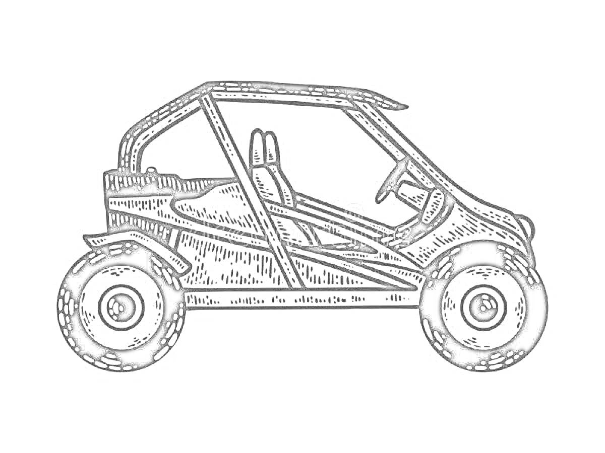 На раскраске изображено: Багги, Каркас безопасности, Руль, Колёса, Транспорт, Техника