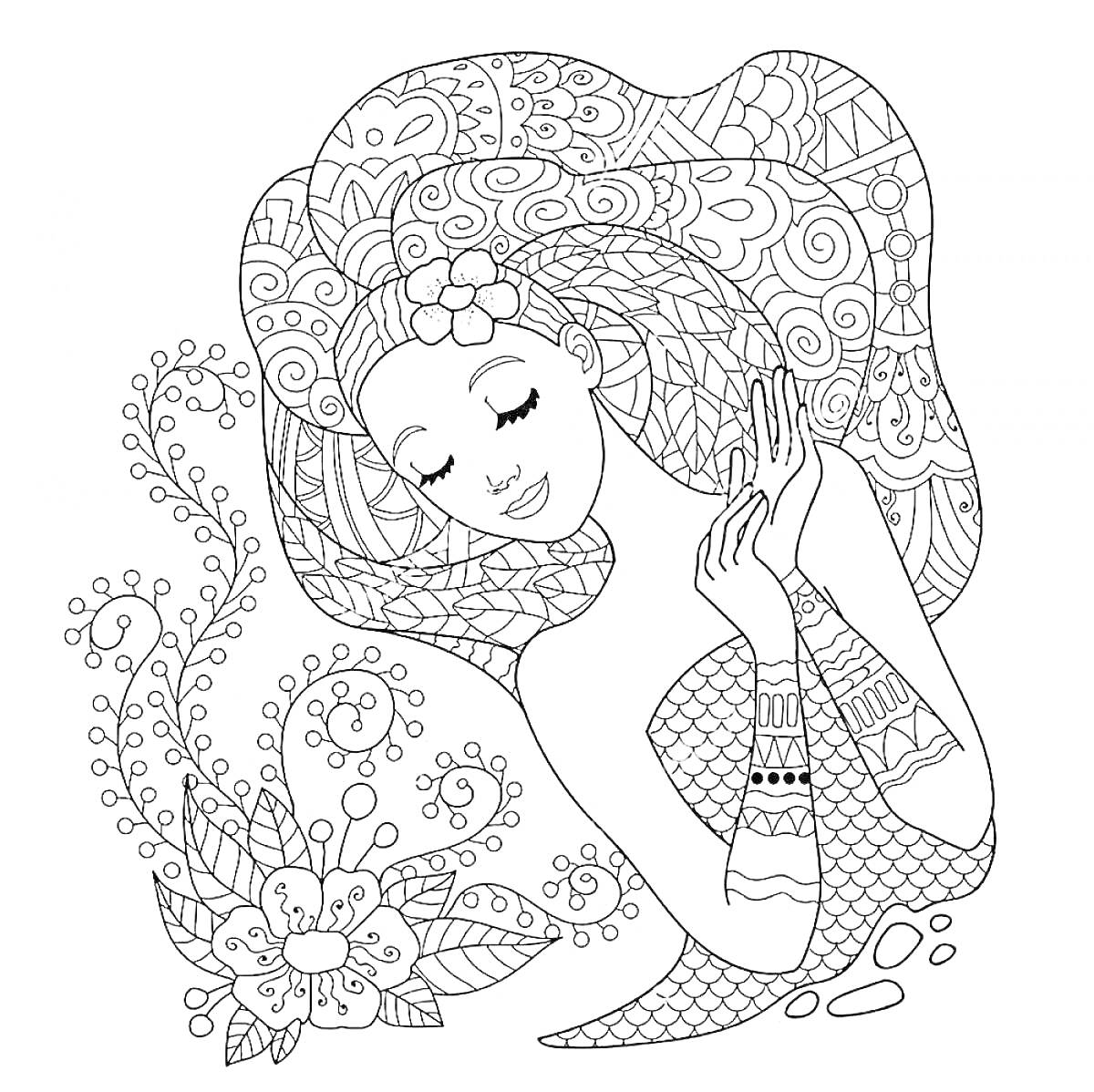 На раскраске изображено: Женщина, Цветы, Узоры, Медитация, Спокойствие, Цветочный орнамент, Зенарт