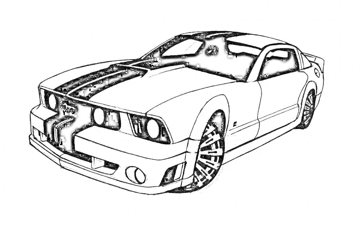 Раскраска Форд Мустанг с гоночными полосами и деталями кузова