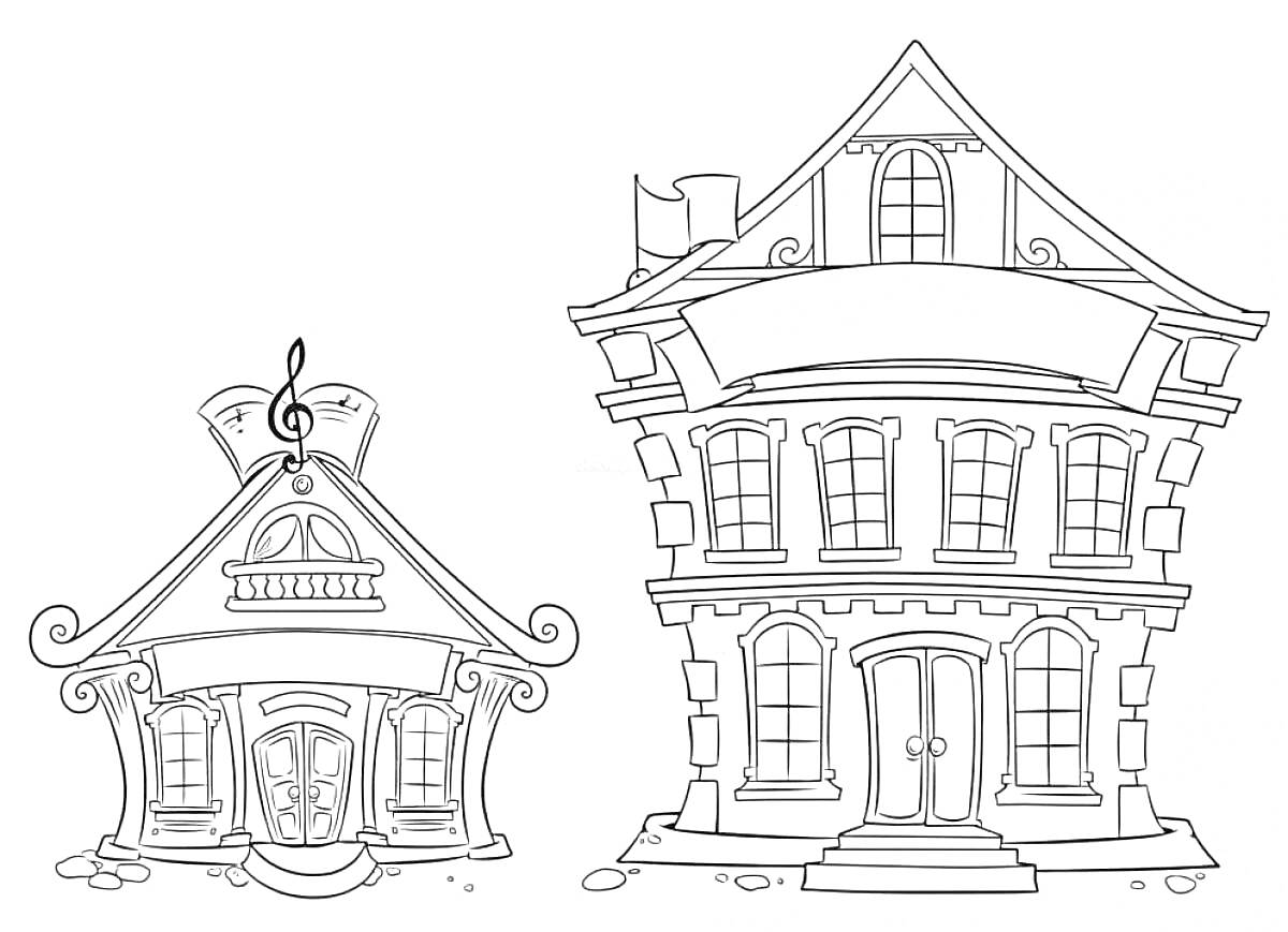 На раскраске изображено: Дом, Ноты, Двухэтажный дом, Окна, Крыша, Архитектура, Для детей, Дверь