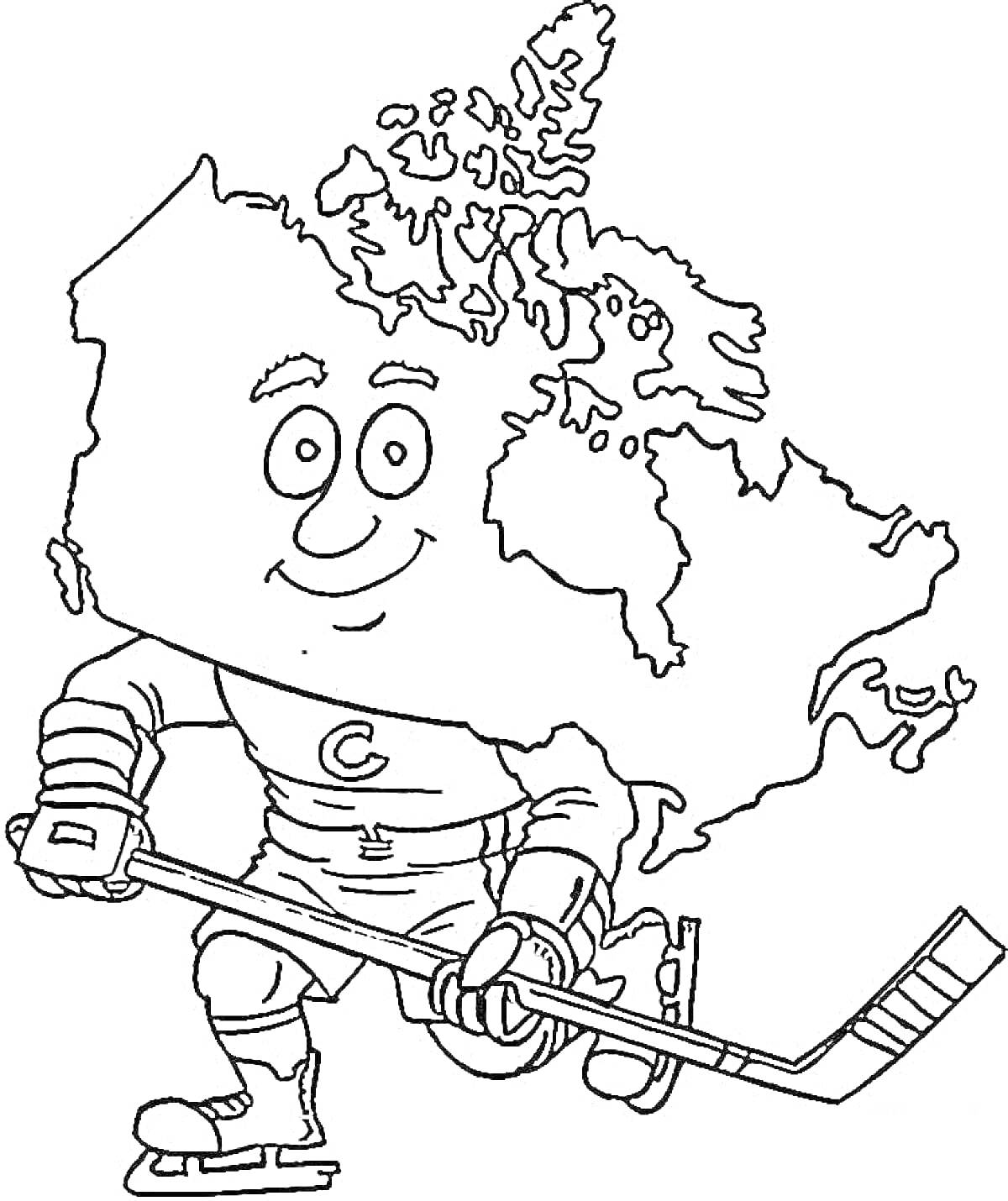 Раскраска Карта Канады с улыбающимся хоккеистом и клюшкой