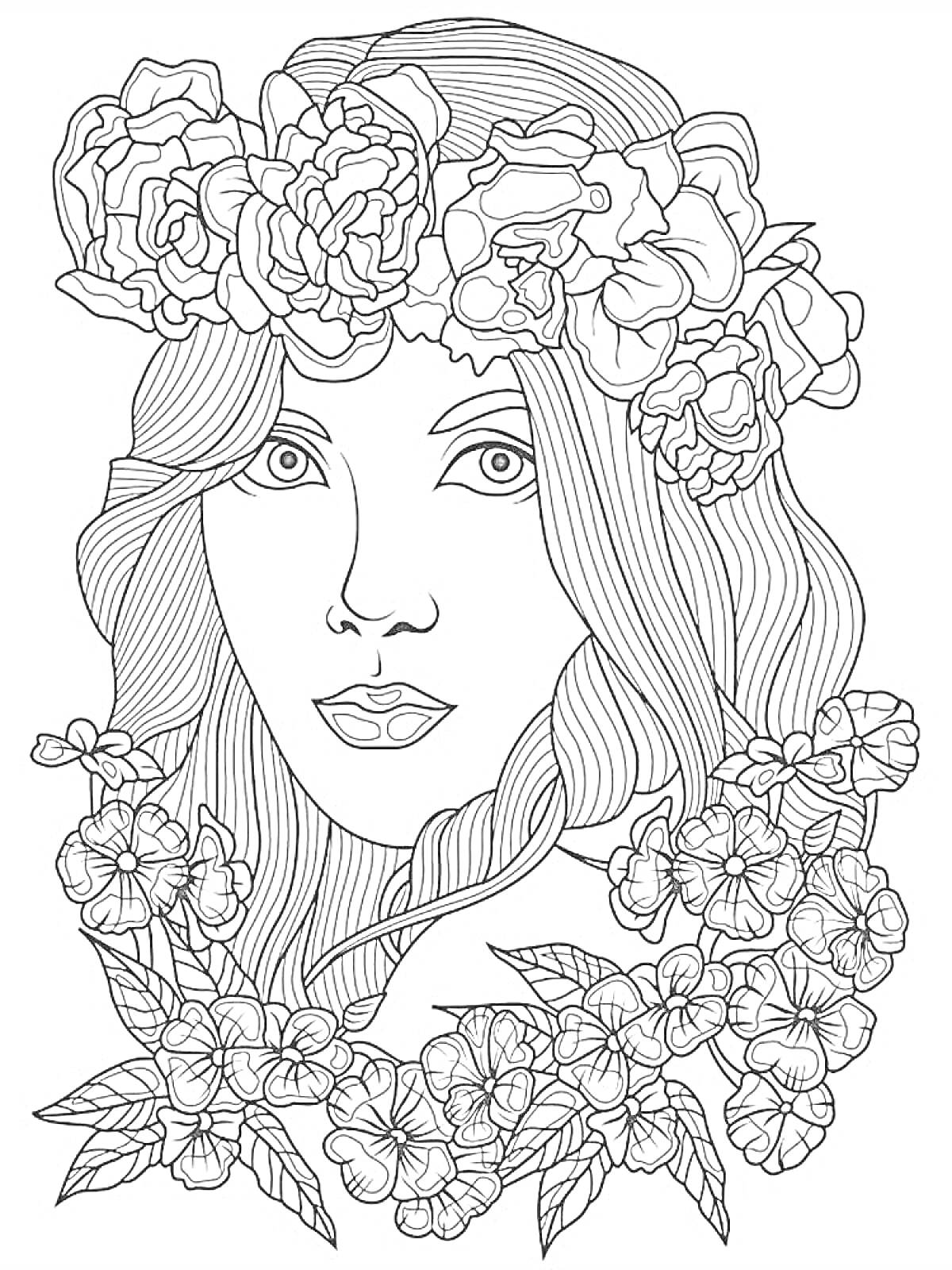 Раскраска Женщина с длинными волосами и венком из цветов на голове