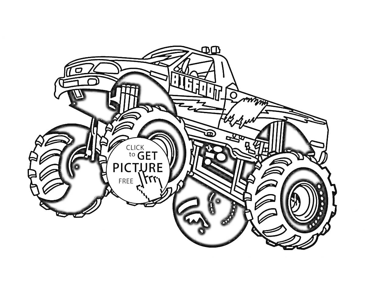 На раскраске изображено: Монстер трак, Внедорожник, Большие колеса, Надпись, Двигатели, Подвески