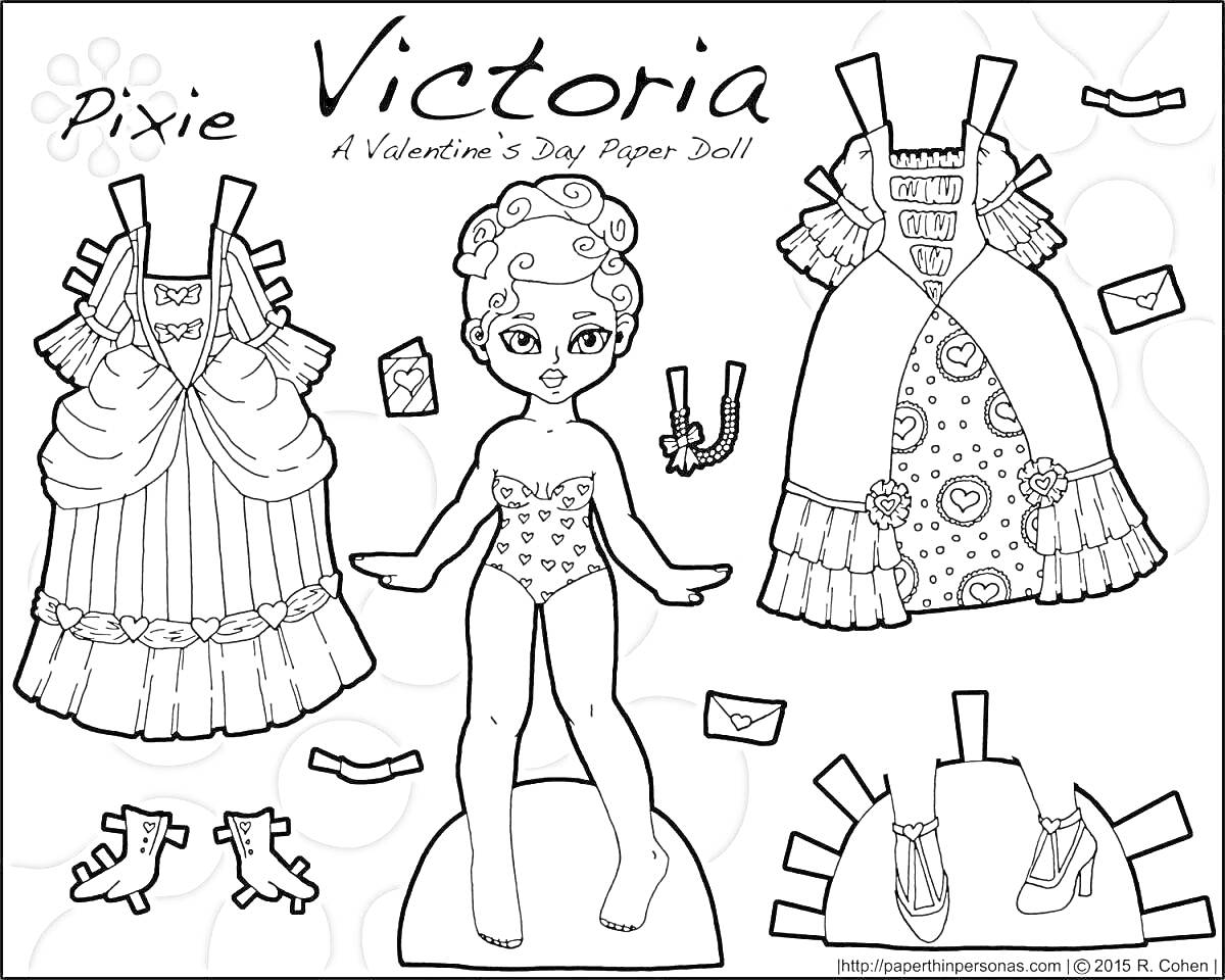 Раскраска Кукла ЛОЛ Виктория с одеждой для Дня святого Валентина: кукла в купальнике, платье с рюшами, наряд с сердечками, туфли, ботинки и носки, письма, подставка