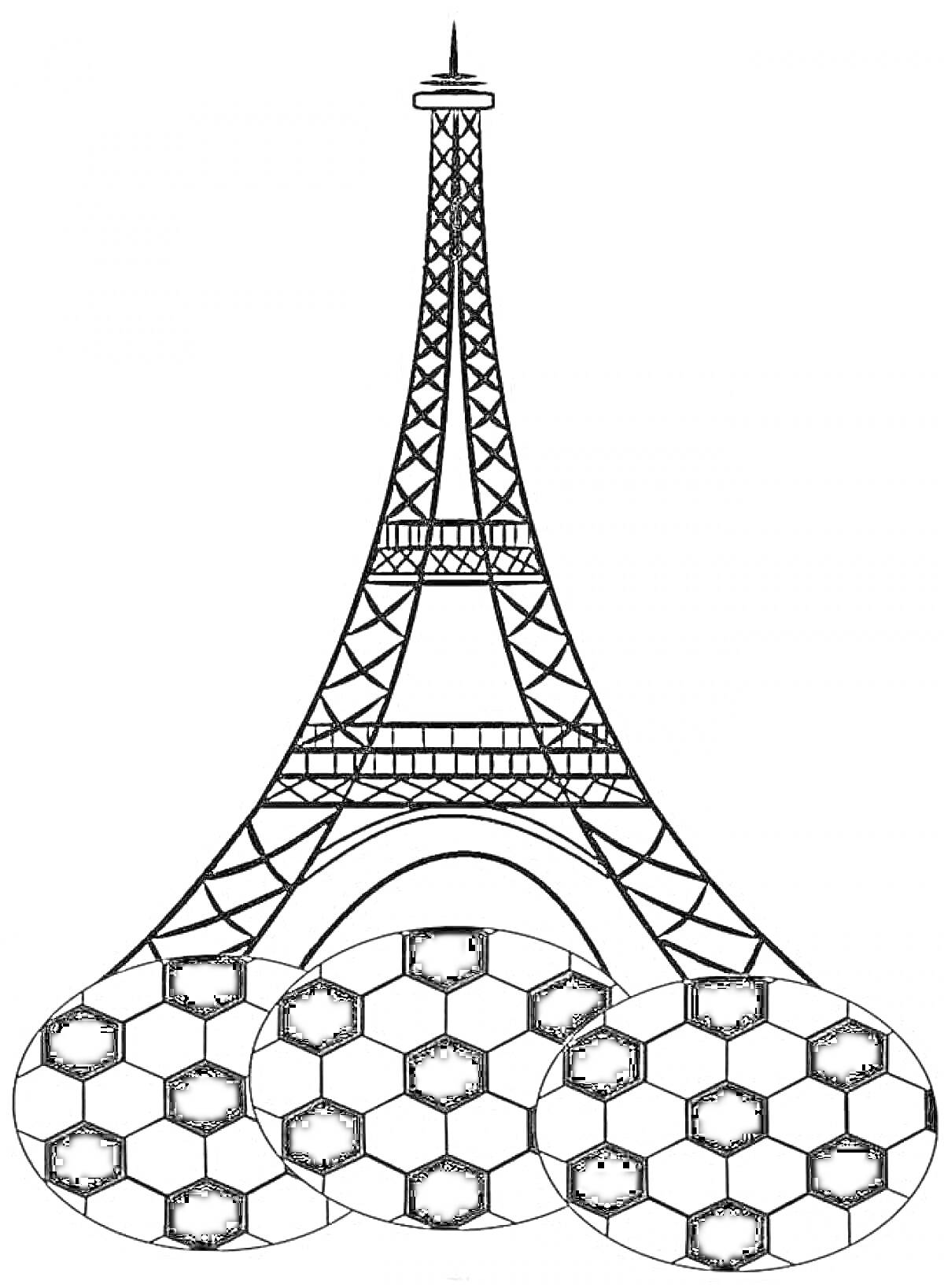 Раскраска Эйфелева башня с футбольными мячами
