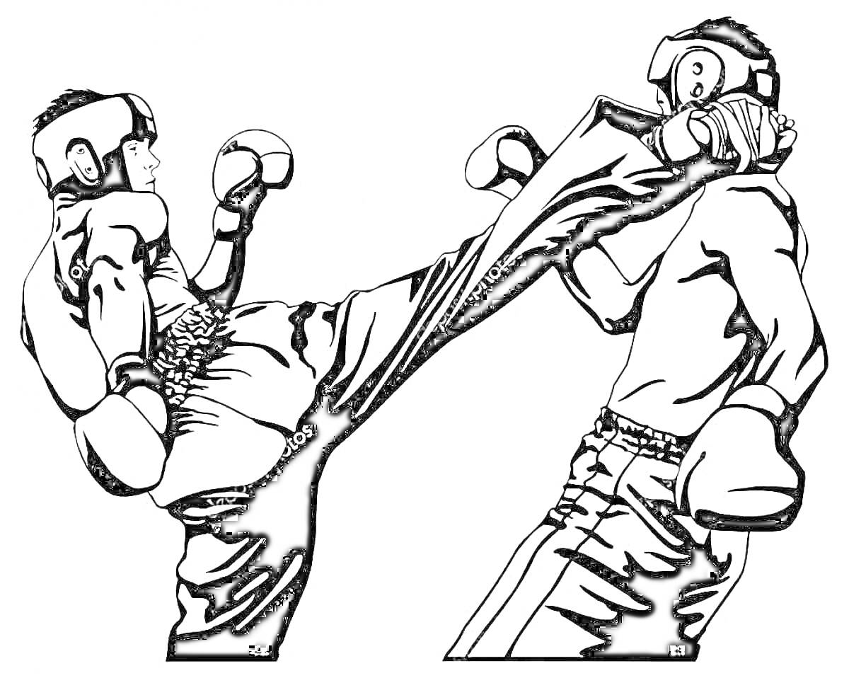 Раскраска Два кикбоксера в защитных шлемах, один наносит удар ногой в лицо другому