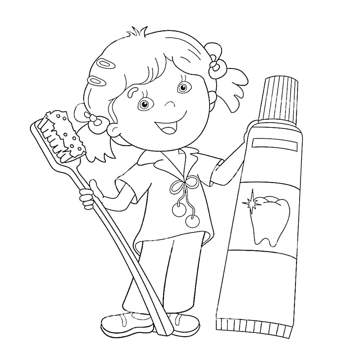 На раскраске изображено: Гигиена, Зубы, Чистка зубов, Зубная щетка, Зубная паста, Девочка, Для детей