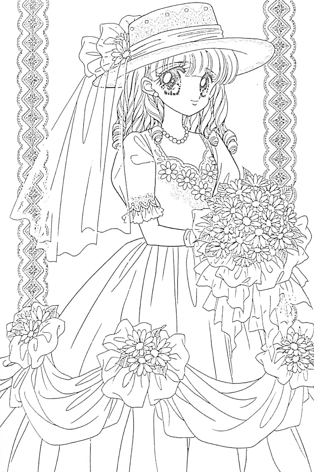 Раскраска Девушка в ажурном платье и шляпе, с букетом цветов, фоном из узорчатых лент