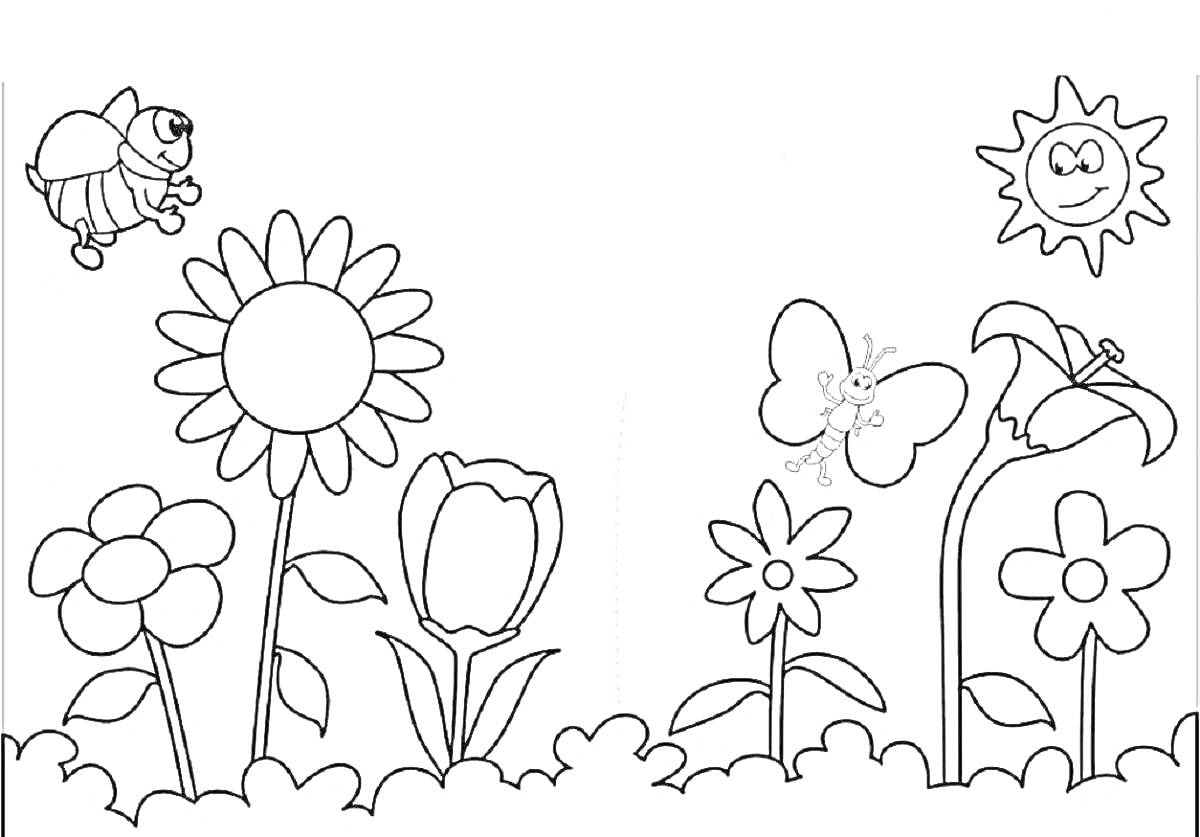 На раскраске изображено: Поляна, Цветы, Бабочка, Солнце, Природа, Растения, Мультипликационный стиль, Для детей, Пчёлы