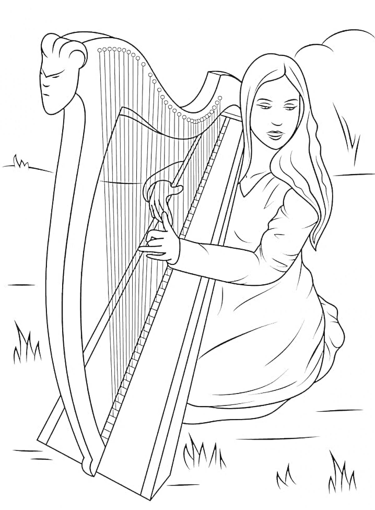 На раскраске изображено: Арфа, Музыкальный инструмент, Природа, Распущенные волосы, Классическая музыка, Девочка