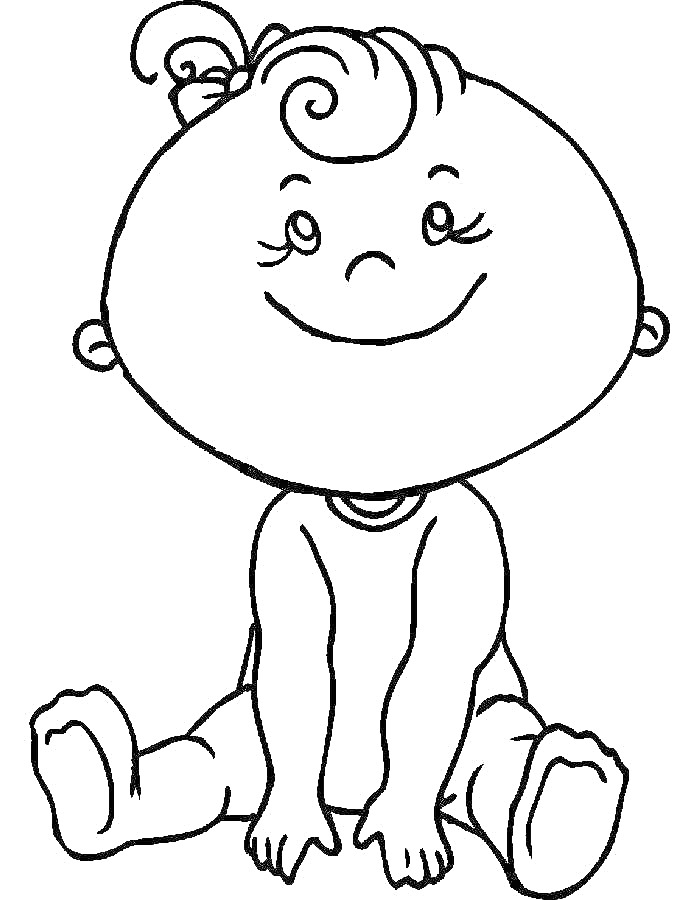 Раскраска Мальчик с кудрявыми волосами, улыбающийся, сидящий на полу