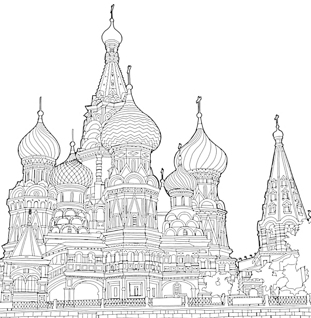 На раскраске изображено: Москва, Собор, Купола, Архитектура, Исторические здания