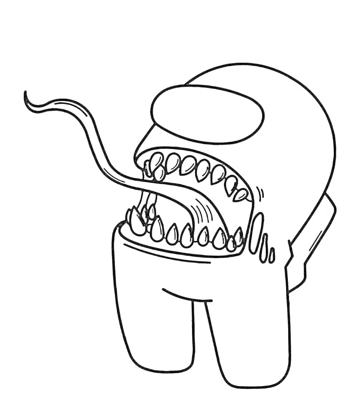 Раскраска Амонг Ас персонаж с открытой пастью и высунутым языком