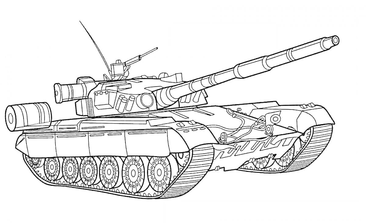 На раскраске изображено: Танк, Армата, Военная техника, Гусеницы, Ствол, Антенны, Бронетехника