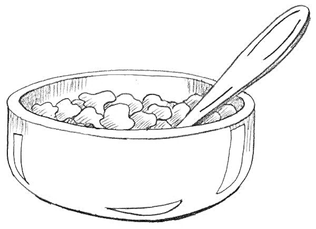 Раскраска Миска с кашей и ложкой