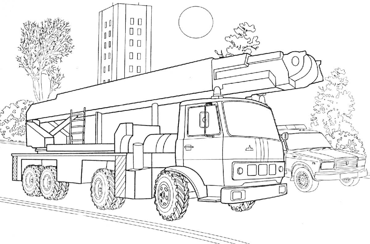 Раскраска Строительный кран и транспорт на фоне высоких зданий и деревьев