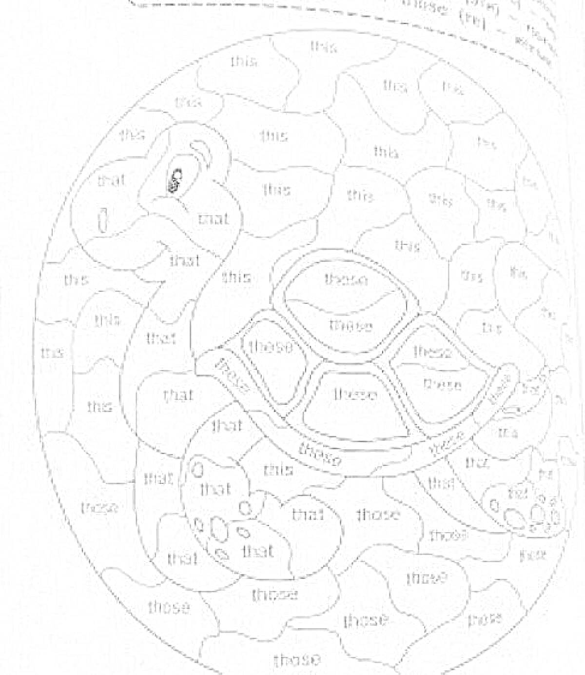 Раскраска Черепаха с английскими словами (this, that, these, those)