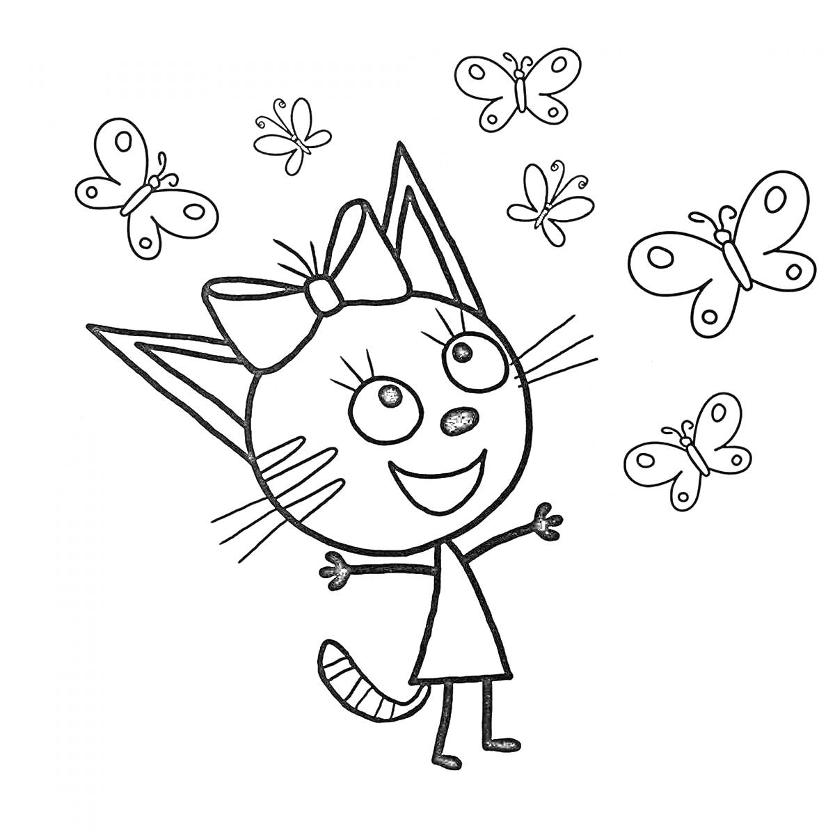 Раскраска Котенок с бантиком и бабочки