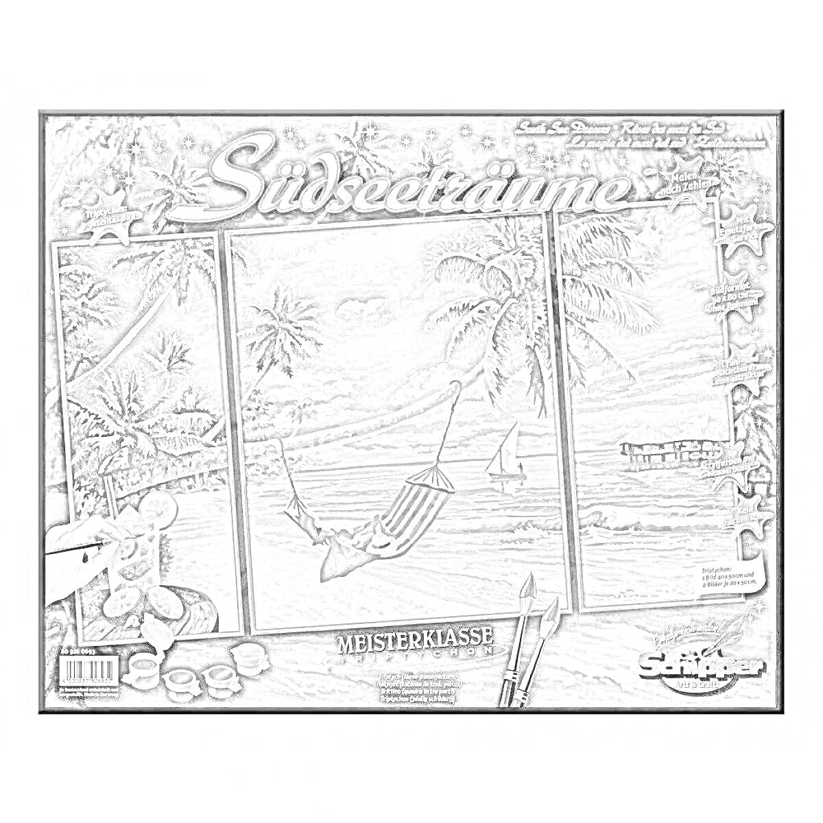 Раскраска Südseeträume (Тропическая мечта). Комплект содержит элементы для раскрашивания: пляж, пальмы, гамак, лодка, море, небо.