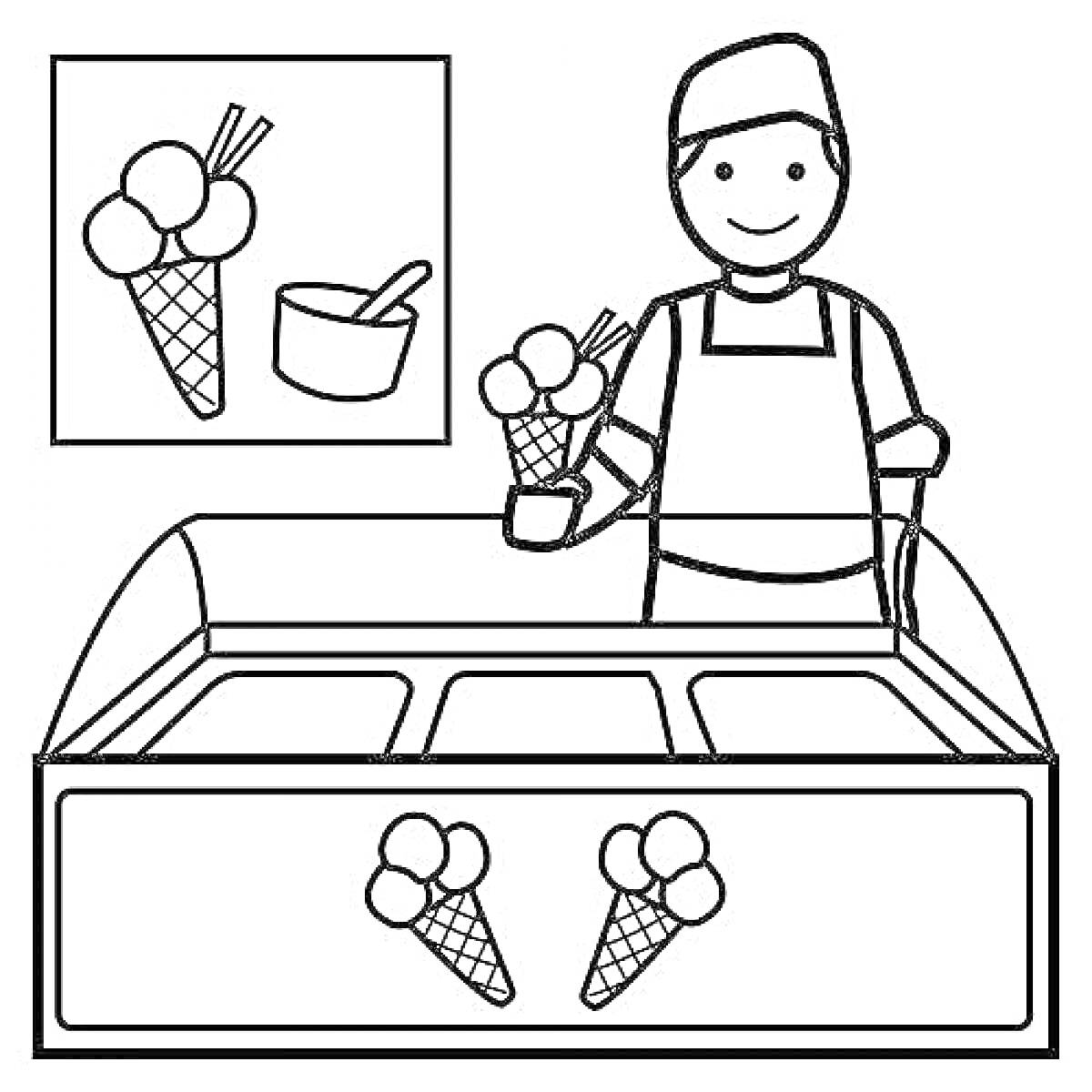 Раскраска Продавец мороженого с прилавком, держит вафельный рожок, изображение шариков мороженого и ложечка для сервировки