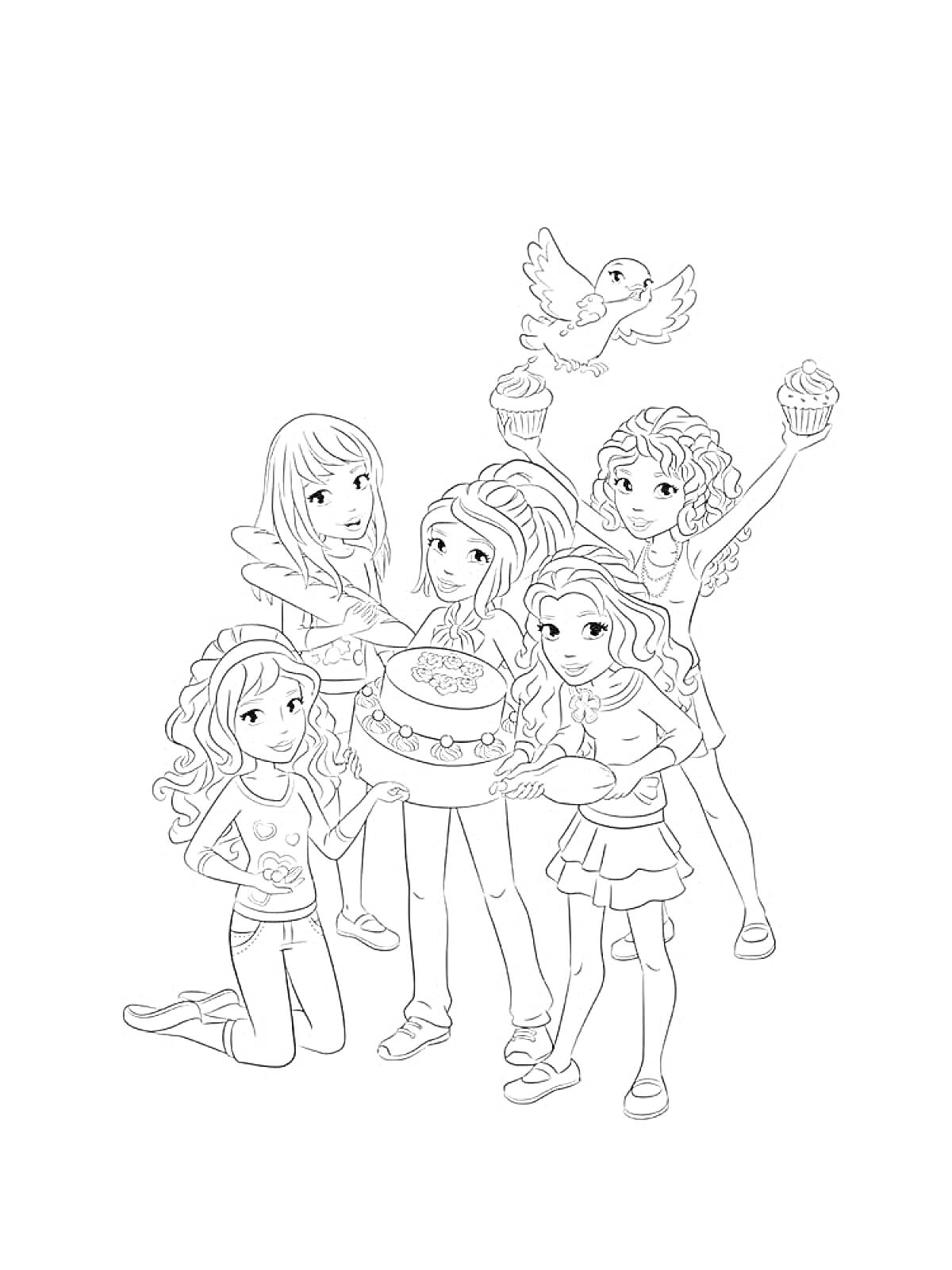 Девочки из Лего Френдс с тортом и кексами, птица в полете